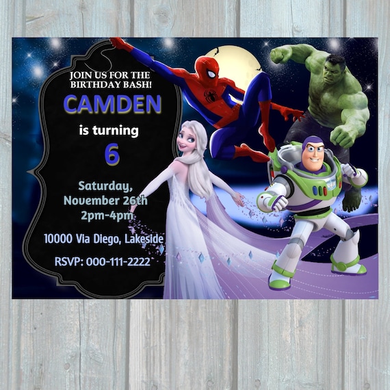 Spider Man Elsa Buzz Lightyear Invitation Spiderman Etsy