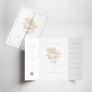 Può includere: Un set di partecipazioni di nozze bianco con dettagli dorati. Il design presenta un'illustrazione dettagliata di un albero e i nomi "Jane & William". L'invito include i dettagli dell'evento, una sezione regali e una sezione RSVP.