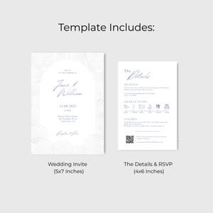 May include: A wedding invitation template with two cards. The left card is a wedding invite with the names "Jane & William" and event details. The right card is a details and RSVP card. Both cards have a seashell design.