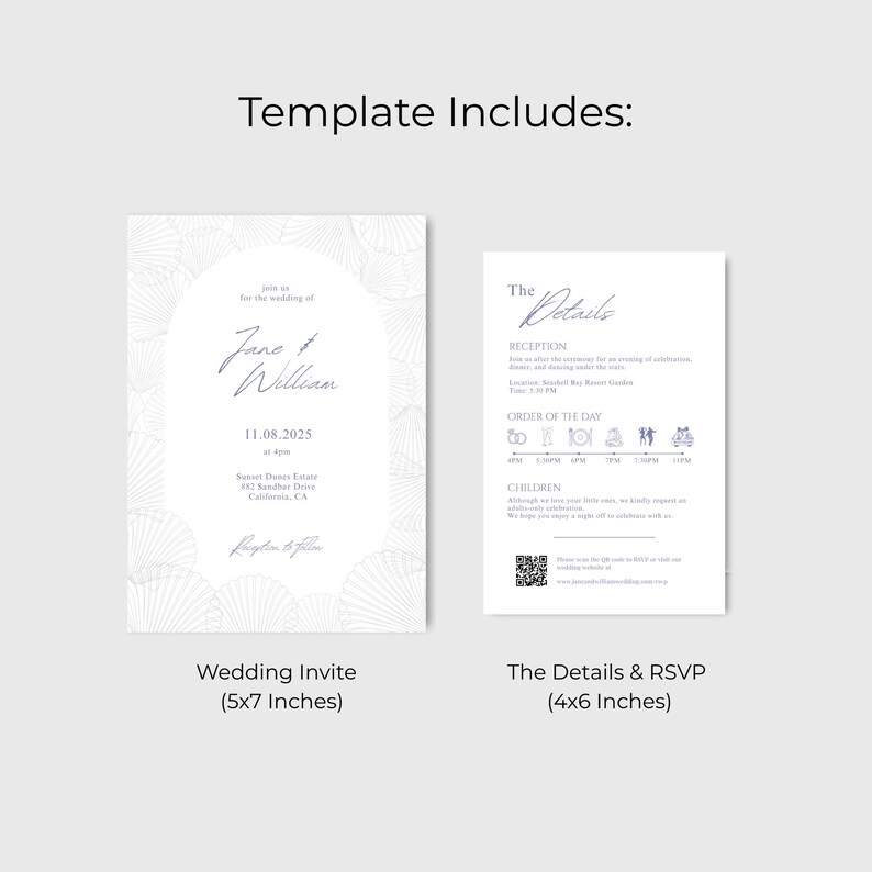 May include: A wedding invitation template with two cards. The left card is a wedding invite with the names "Jane & William" and event details. The right card is a details and RSVP card. Both cards have a seashell design.