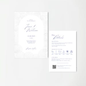 May include: Elegant wedding invitation suite featuring a main card with a seashell design and the names "Jane & William" in navy blue script. The date is August 11, 2025. A smaller card details the reception and order of the day.