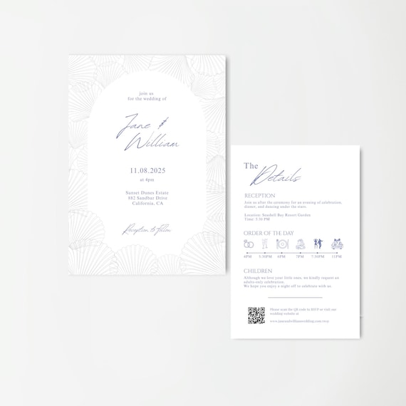 Blue Seashell Editable Wedding Invitation Template Bundle • Printable Canva Design • Digital Download • 5x7 Invite