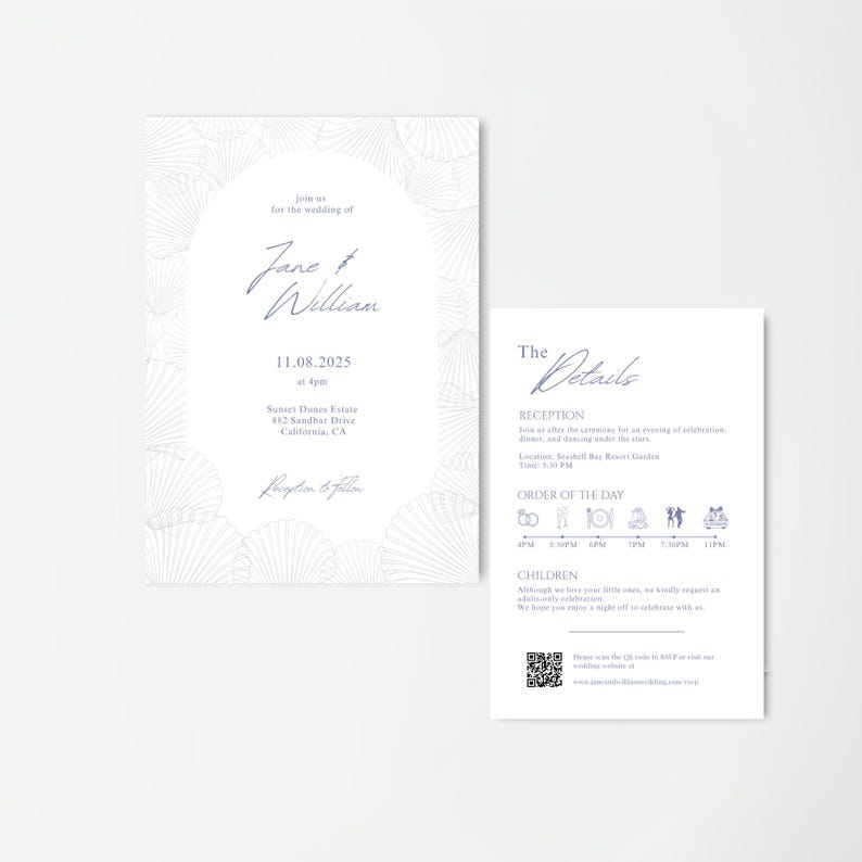 May include: Elegant wedding invitation suite featuring a main card with a seashell design and the names "Jane & William" in navy blue script. The date is August 11, 2025. A smaller card details the reception and order of the day.