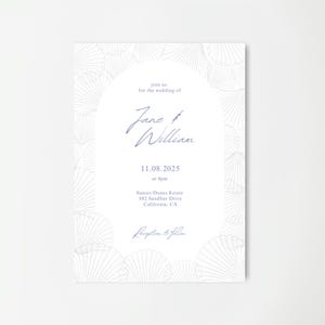 May include: A white wedding invitation with a seashell design border. The invitation includes the names "Jane & William", the date "11.08.2025", and the location "Sunset Dunes Estate, California, CA".