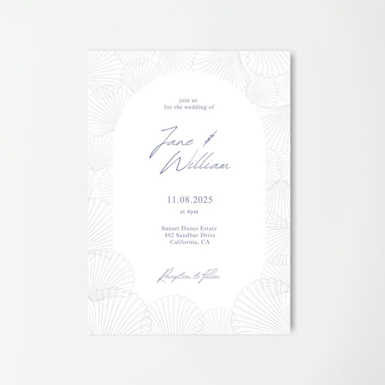 May include: A white wedding invitation with a seashell design border. The invitation includes the names "Jane & William", the date "11.08.2025", and the location "Sunset Dunes Estate, California, CA".