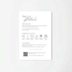 May include: A white wedding invitation with blue text. The invitation includes details about the reception, order of the day, and a request for an adults-only celebration. A QR code is included for RSVP.
