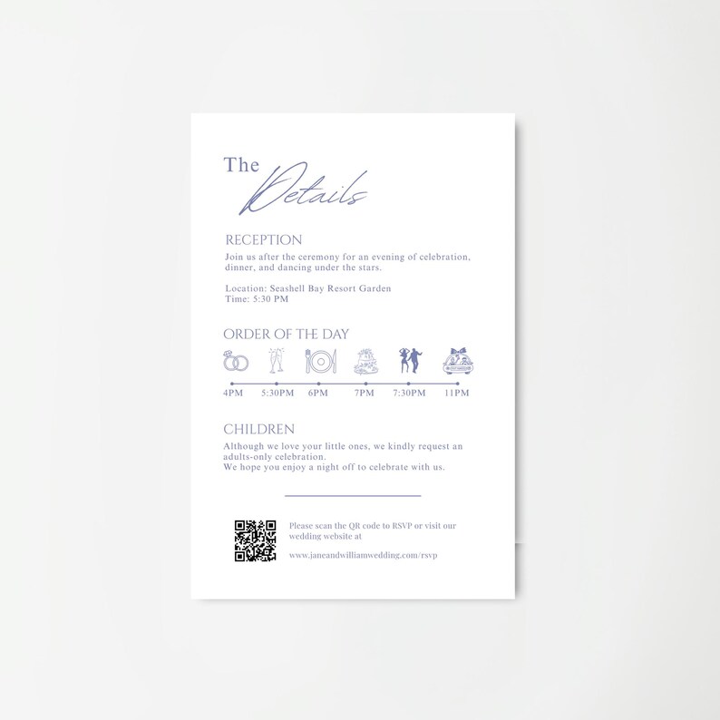 May include: A white wedding invitation with blue text. The invitation includes details about the reception, order of the day, and a request for an adults-only celebration. A QR code is included for RSVP.