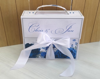 Royal blue and silver floral wedding scrapbooking album, Big suitcase wedding photo album, Custom wedding gift, Bride and groom gift
