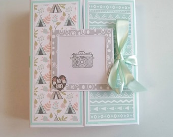 Boho Baby boy first album, Premade scrapbook, Mint green mini album, Gift for baby boy