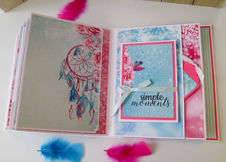 Premade scrapbook album Colorful photo album Dream catcher scrapbook Positive mini album Blue memory book Custom scrapbook gift for couples