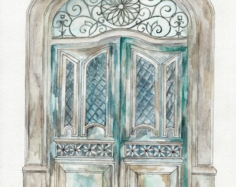 acuarela ilustrada impresión de la puerta