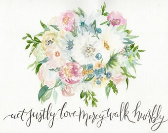 Actuar Justly Love Mercy Walk Humbly acuarela ramo caligrafía impresión
