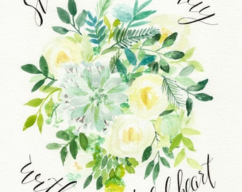 Comience cada día con un corazón agradecido acuarela verde caligrafía impresión digital