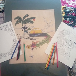Beach / Tropical Pages to Color - 4 shown plus a Bonus Drawing