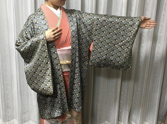 Blue patterned silk kimono haori jacket, Kimono J… - image 2