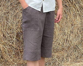 Linen shorts men / Mens casual linen shorts / Brown linen shorts / Drawstring shorts