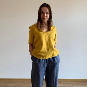 Handmade Linen V-Neck Shirt: European Linen Jersey Top