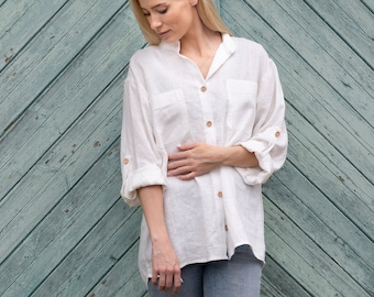 Womens linen blouse with long sleeves / Womens linen shirts trendy / Womens linen top with pockets