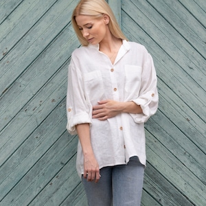 Handmade White Linen Blouse Long Sleeve Shirt with Pockets Natural Women Top