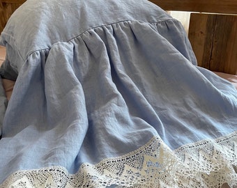 Luxury Sky Blue Linen Pillowcase with Ruffles on one Side and Woven Milk White Linen Lace, Stonewashed  Pillow Case with Ties