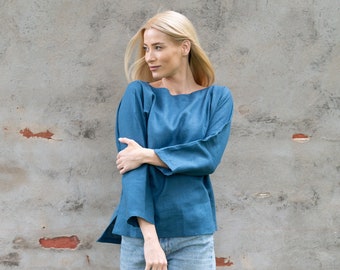 Linen Boat Neck Shirt, 3/4 Sleeves and Breathable Fabric, Loose Linen Shirt, Women Linen Shirt, Stay Cool and Chic in Our Linen Shirt