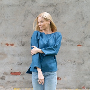 Handmade Linen Boat Neck Shirt: 3/4 Sleeve, Custom Length
