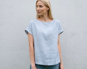 Linen Shirt with Wooden Button Closure on the Back, Linen Shirt with Short Sleeves, Loose Linen Shirt, Women Linen Shirt, Women Linen Top