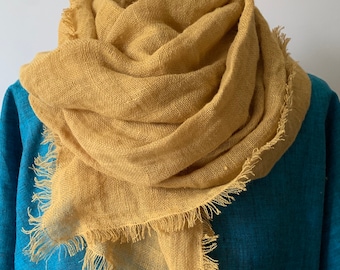 Linen Scarf, Scarf Women, Linen Shawl, Women Scarf, Light Mustard Scarf, Men Scarf, Scarf with Fringes, Oversized Scarf, Autumn Scarf