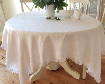 Milk White Linen Tablecloth, Wedding Tablecloth, Tablecloth with Fringes