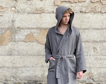 Mens linen robe with hood / Plus size robe with tie belt / Morning robe/ Unisex robe/ Kimono robe long/ Sauna robe/ Kaftan robe/ Shower robe