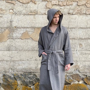 Mens Hooded Linen Robe: Plus Size Kaftan, Tie Belt, Handmade