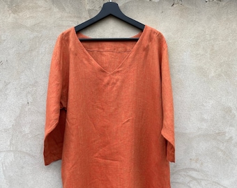 V-neckline Tunic Dress KYOTO, Melange Orange in Midi Length Kimono Dress, Side Pockets and Three-Quarter Sleeves, A-Line Silhouette Dress