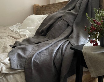 Grey Linen Blanket, Linen Bed Cover, Summer Throw, Gift, Natural Linen, Linen Bed Throw, Basalt Grey Linen Blanket, Dark Grey