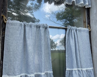French Country Caffe Curtain with Ruffle and Lace Edge  - Blue and Milky White Stripes Linen Curtain
