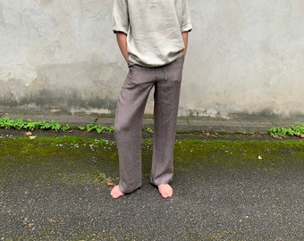 Mens linen pants with elastic and tie closure / Mens trousers linen / Casual mens pants