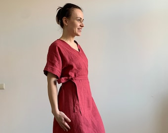 Wrap linen dress / Kimono wrap dress with belt / Summer dress