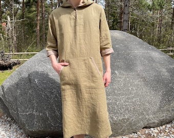 Men Linen Caftan with Hood, Caftan with 3/4 Sleeves, Long Linen Tunic Robe, Hooded Caftan, Linen Kaftan, Plus Size Caftan, Caftan for Men