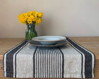 Table Runner Handmade, Striped Table Runner, Linen Table Runner, Dark Beige Striped Table Runner, Farmhouse Table Runner, Farmhouse decor