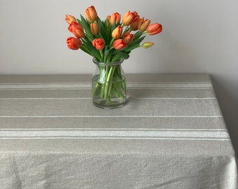 Tablecloth with Beige Stripes, Spring Tablecloth, Neutral Tablecloth, Long Tablecloth, Linen Tablecloth for Easter, Vintage Style Tablecloth