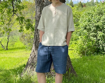 Men's Linen Shorts with Side Pockets / Elastic Belt / Striped Denim Shorts / Adjustable Folded Ends