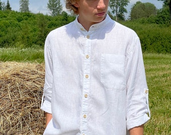 White Linen Shirt KARL, Linen Shirt with Buttons, Men's Shirt, Adjustable Sleeve Shirt, Gift, Summer Linen Shirt, Long Sleeve Men's Shirt