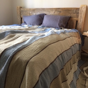 Striped Linen Throw Blanket: Rustic Bedspread, Sofa Blanket