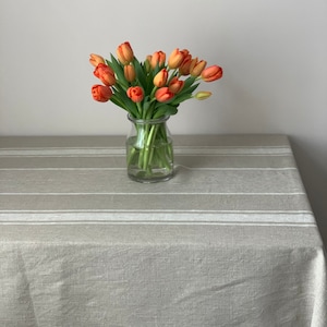 Tablecloth with Beige Stripes, Spring Tablecloth, Neutral Tablecloth, Long Tablecloth, Linen Tablecloth for Easter, Vintage Style Tablecloth