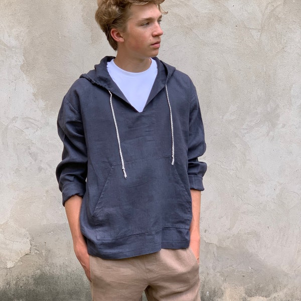 Mens linen hoodie with front pocket. Lightweight linen hoodie for men. Summer hoodie. Custom linen hoodie.