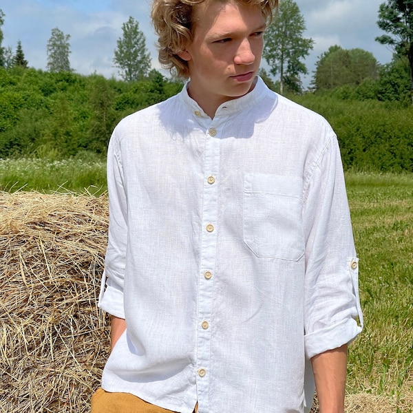 White Linen Shirt KARL, Linen Shirt with Buttons, Men's Shirt, Adjustable Sleeve Shirt, Gift, Summer Linen Shirt, Long Sleeve Men's Shirt