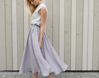 Wavy linen skirt / Linen a-line skirt / Flared linen skirt with elastic waist and drawstring closure / Gift for her