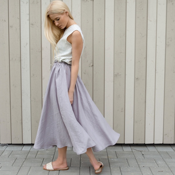 Wavy linen skirt / Linen a-line skirt / Flared linen skirt with elastic waist and drawstring closure / Gift for her