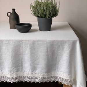 Linen Tablecloth with Lace, Milk White Linen Tablecloth, Milk White Lace Tablecloth, Large Square Linen Tablecloth, Large Tablecloth image 2