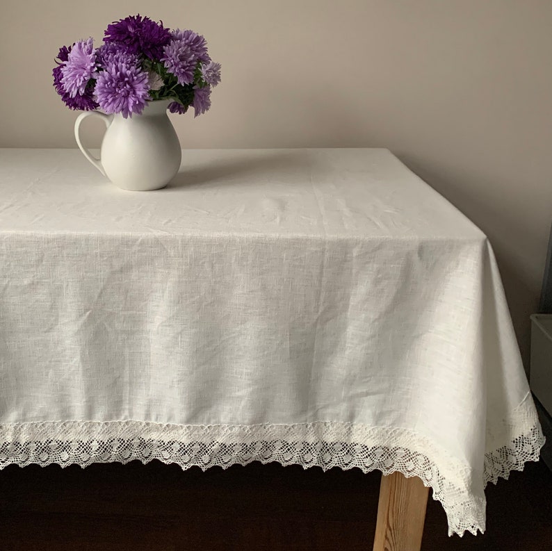 Linen Tablecloth with Lace, Milk White Linen Tablecloth, Milk White Lace Tablecloth, Large Square Linen Tablecloth, Large Tablecloth image 4