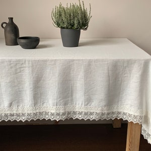 Linen Tablecloth with Lace, Milk White Linen Tablecloth, Milk White Lace Tablecloth, Large Square Linen Tablecloth, Large Tablecloth image 10